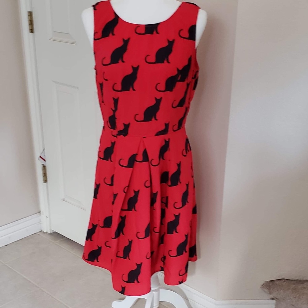 eShakti Red Cat Print Dress